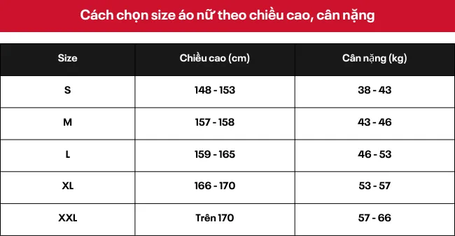 Bảng size áo nữ mới nhất 2022 và cách chọn size áo chuẩn nhất | Reebok